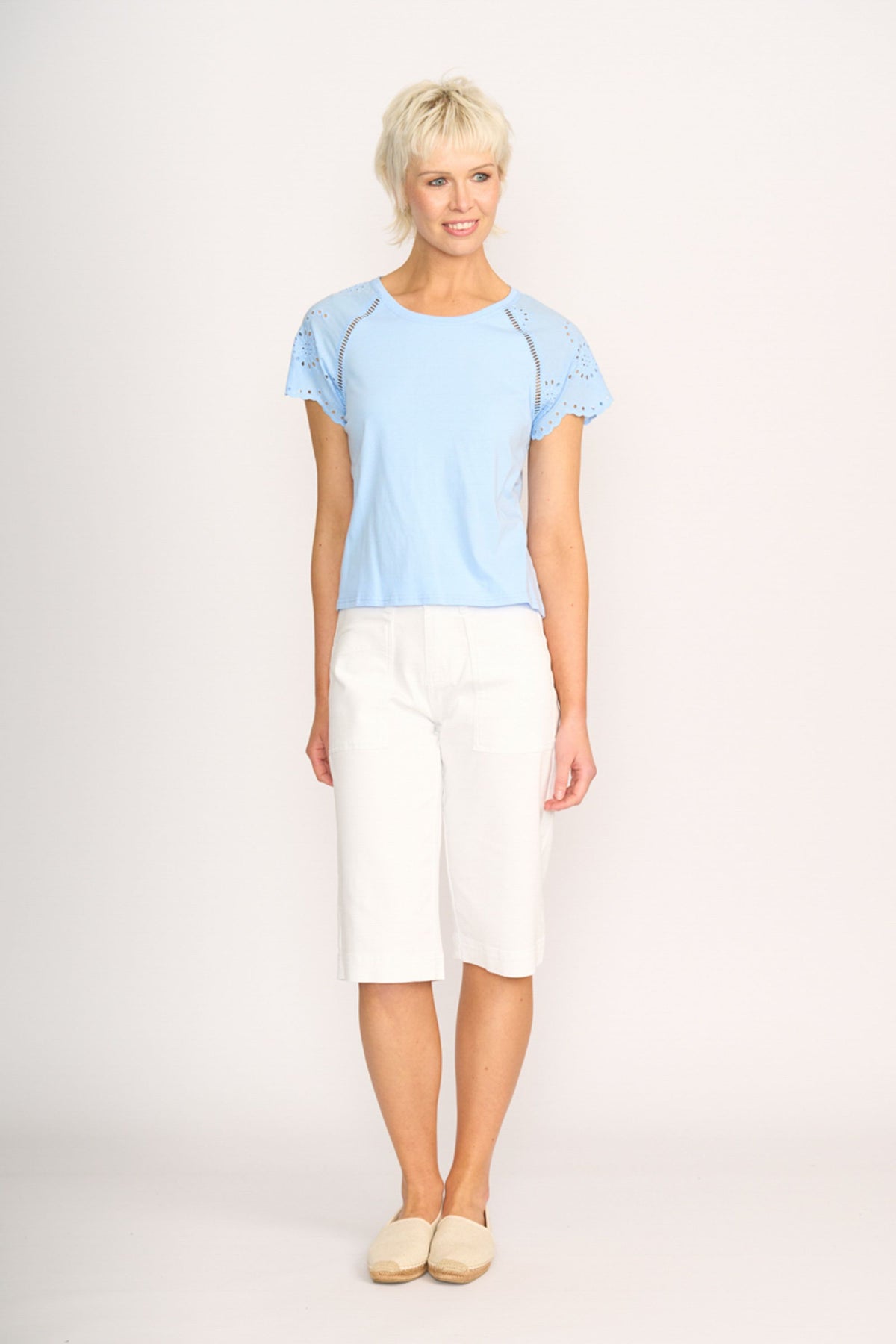 T SHIRT BRODERIE SLEEVE Sky