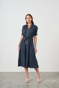 Dress Self Coloured Embroidery & Belt Navy