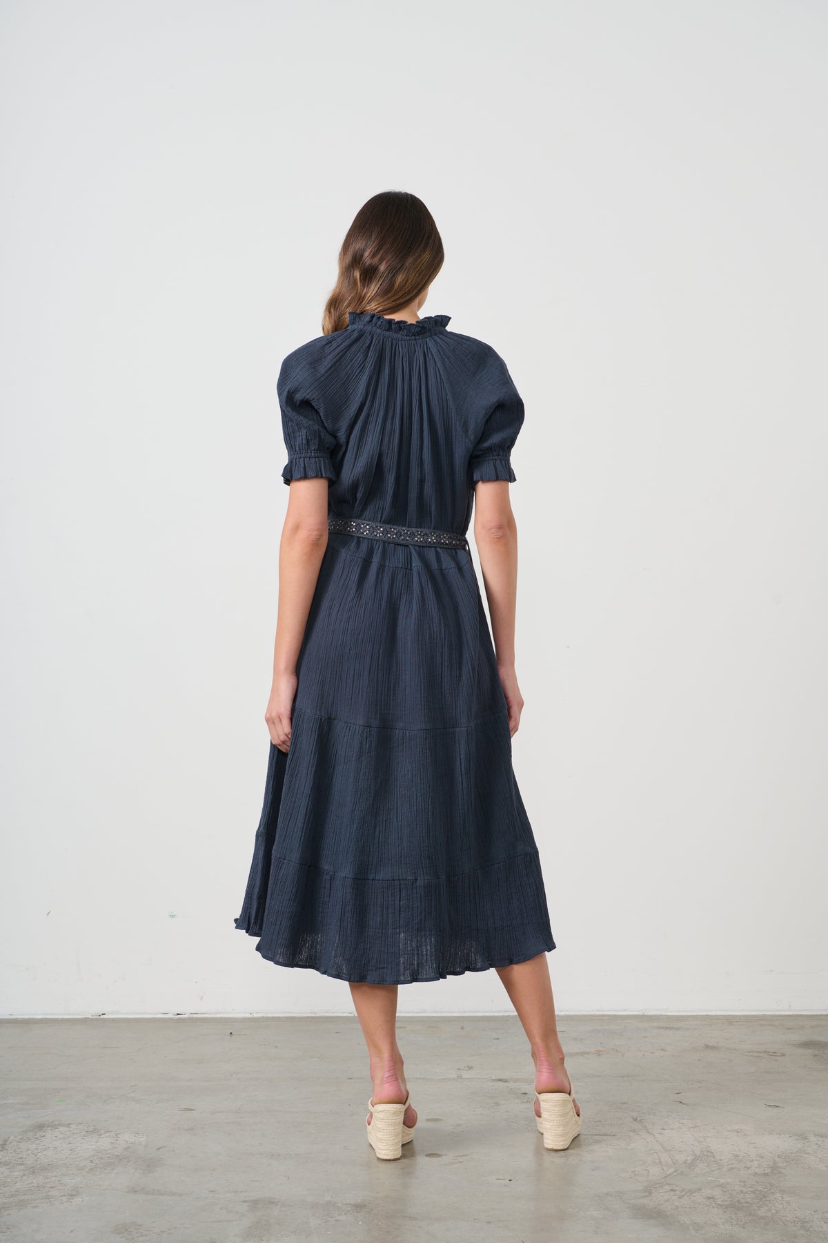 Dress Self Coloured Embroidery & Belt Navy