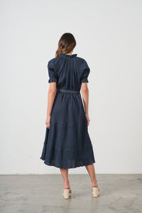 Dress Self Coloured Embroidery & Belt Navy