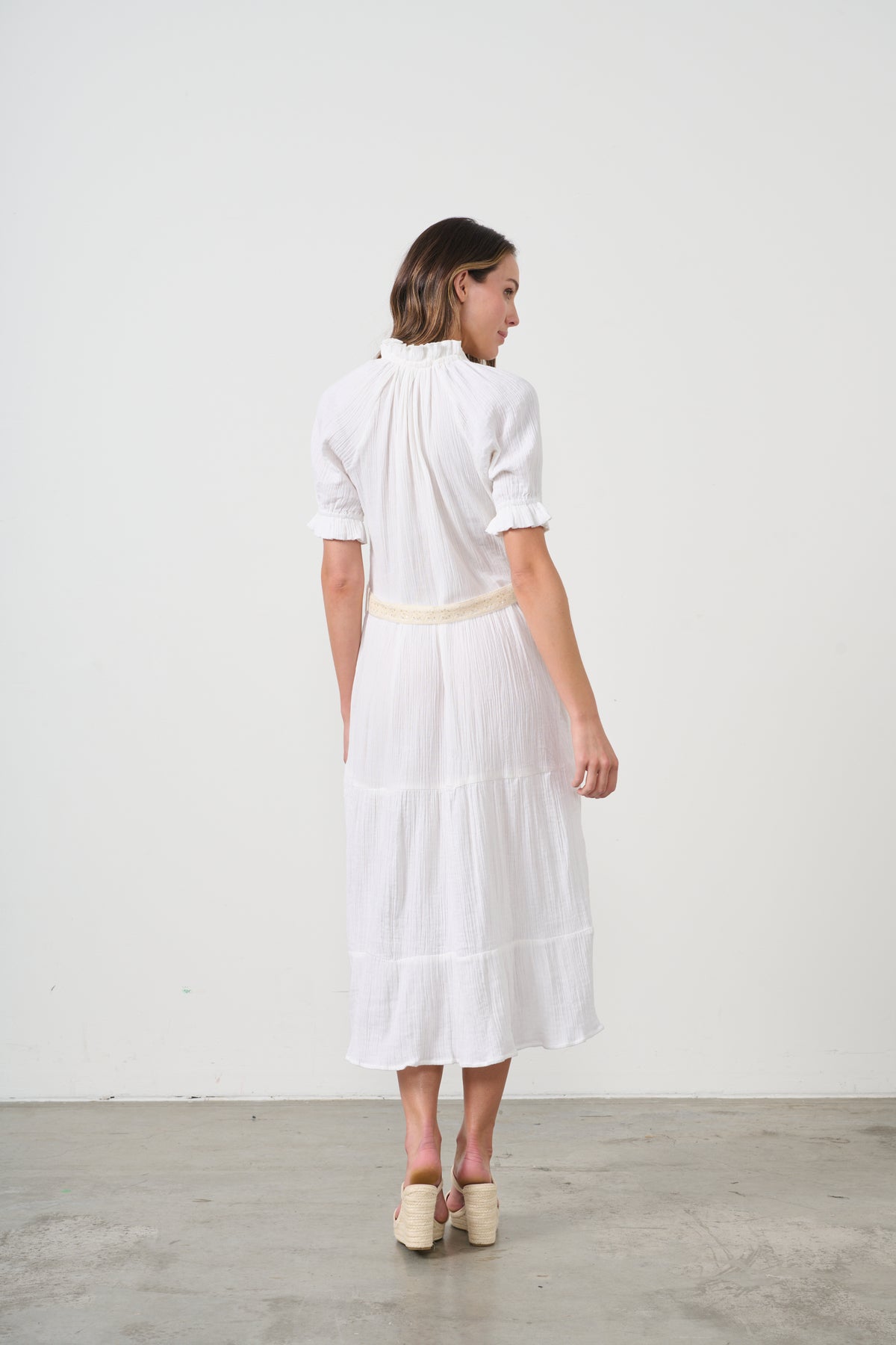 Dress Self Coloured Embroidery & Belt White