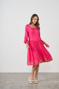 Dress Contrast Embroidery Hot Pink