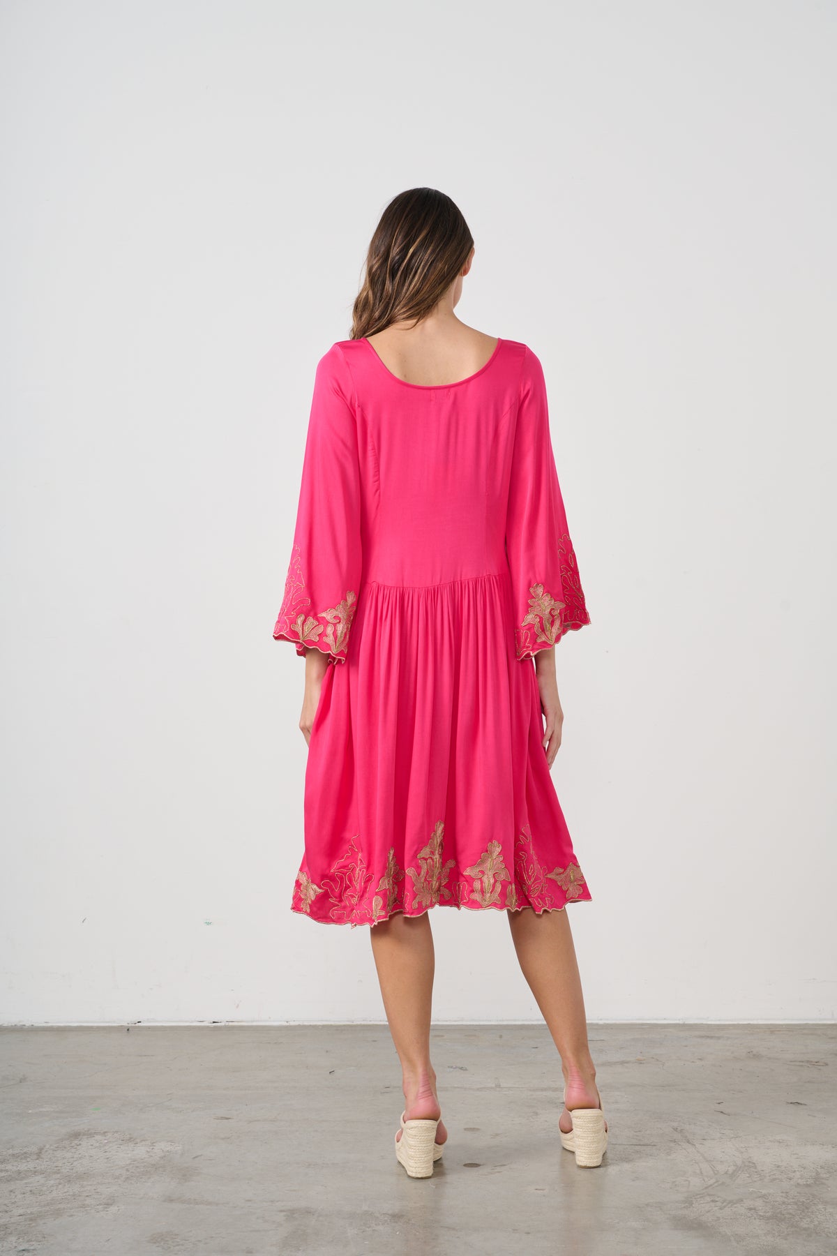 Dress Contrast Embroidery Hot Pink