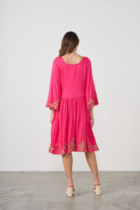 Dress Contrast Embroidery Hot Pink