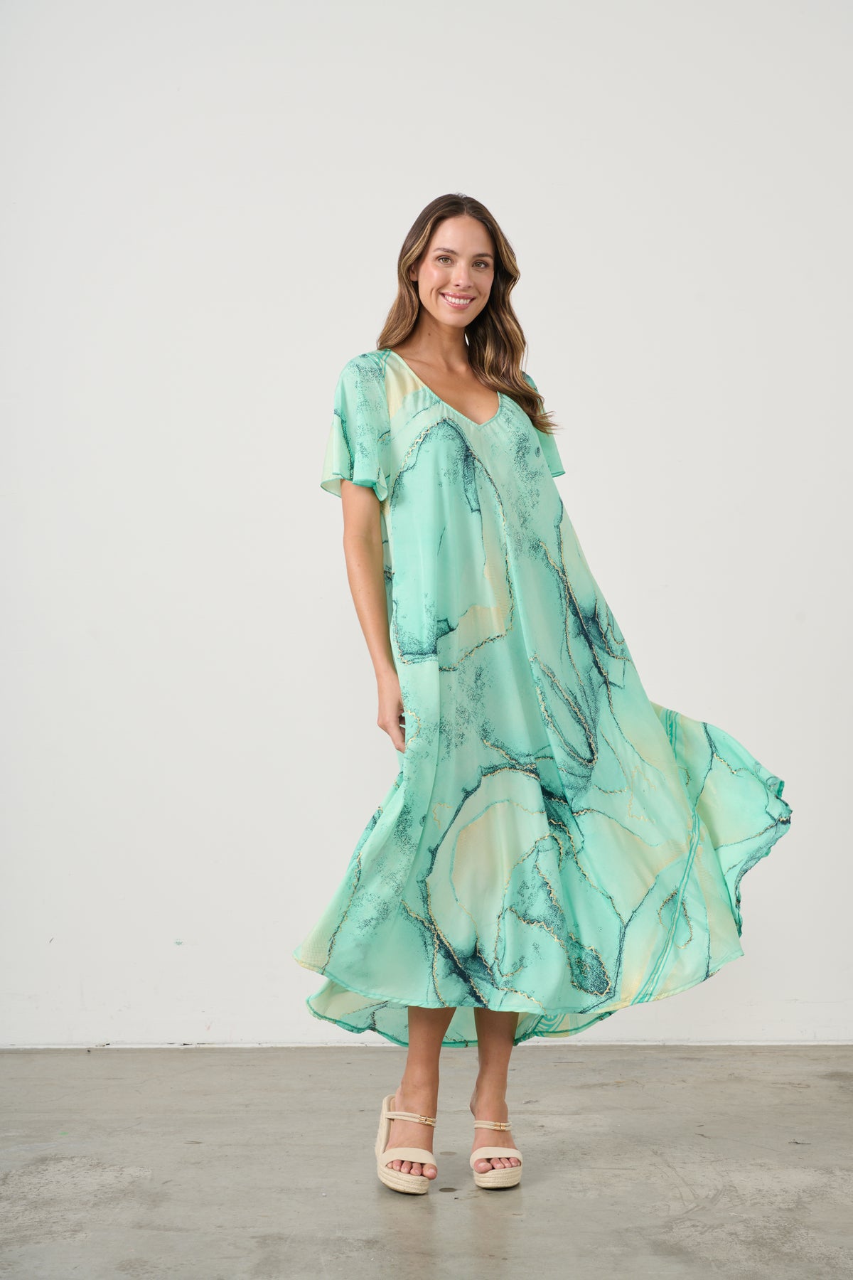 Swing Dress  Marble Print Bias Cut  Aqua