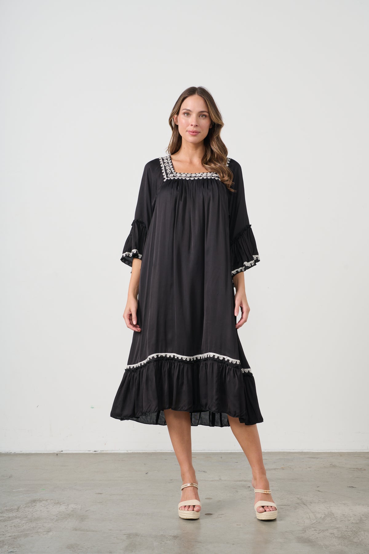 Dress  Square Neck Applique & Beadwork Black