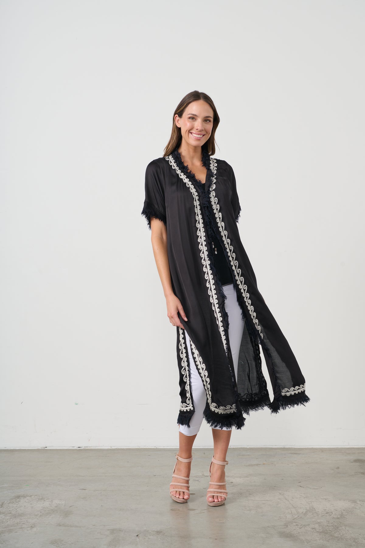 Long Jacket Applique Beadwork & Fringe  Black