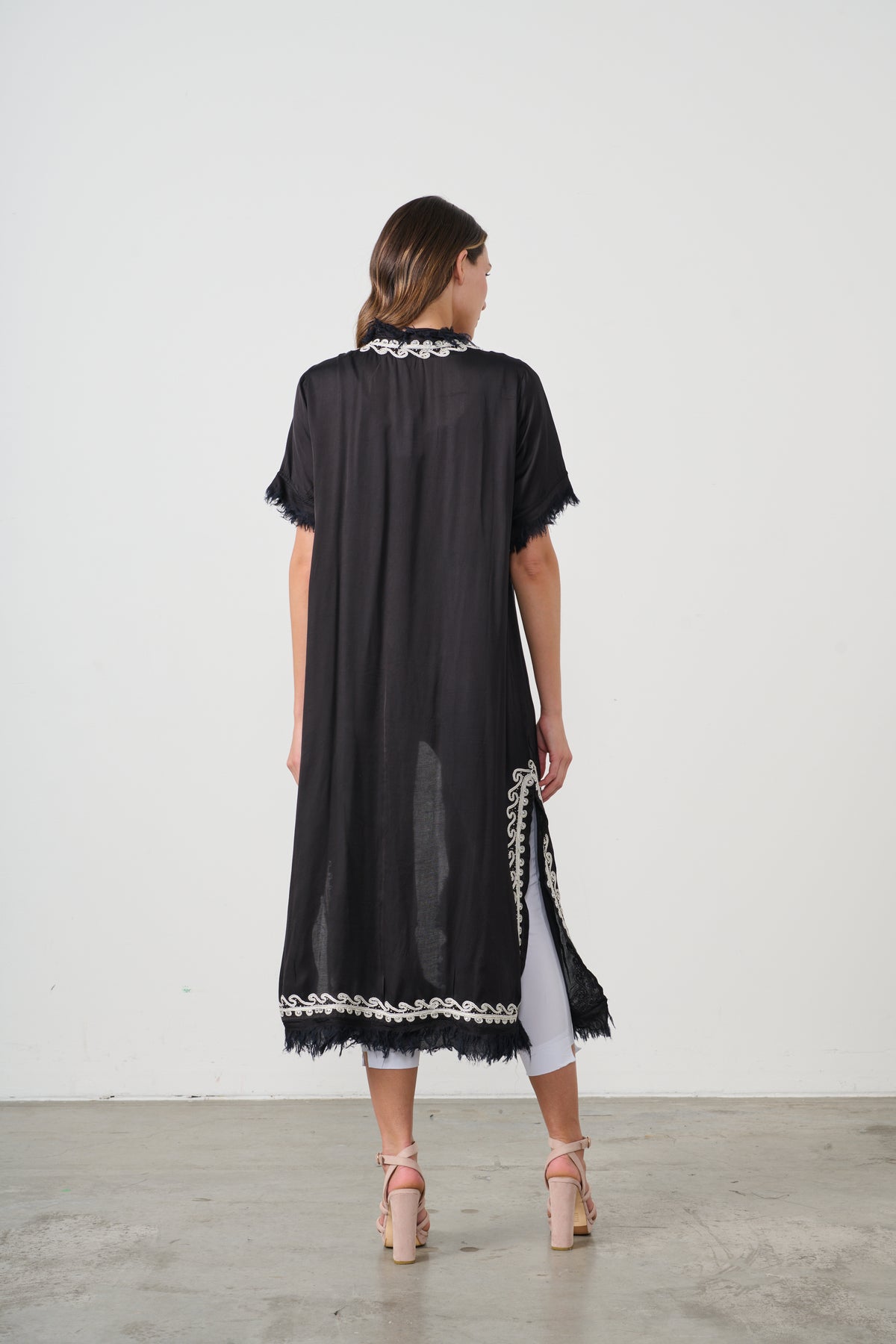 Long Jacket Applique Beadwork & Fringe  Black