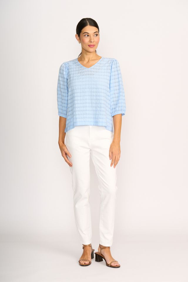 TOP - VOLUME SLV V-NECK Sky Check