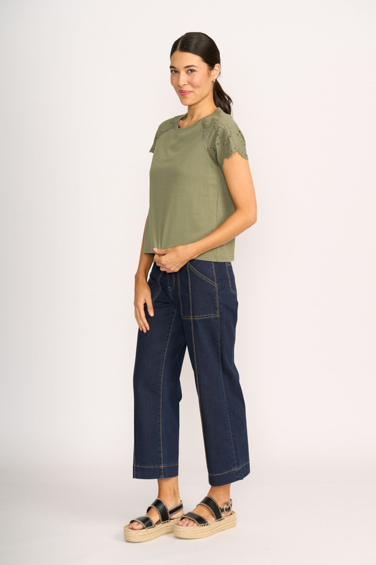 T SHIRT BRODERIE SLEEVE Sage