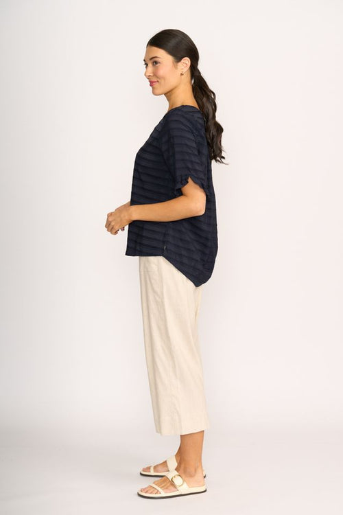 SCOOP RUFFLE SLEEVE TOP Navy Stripe
