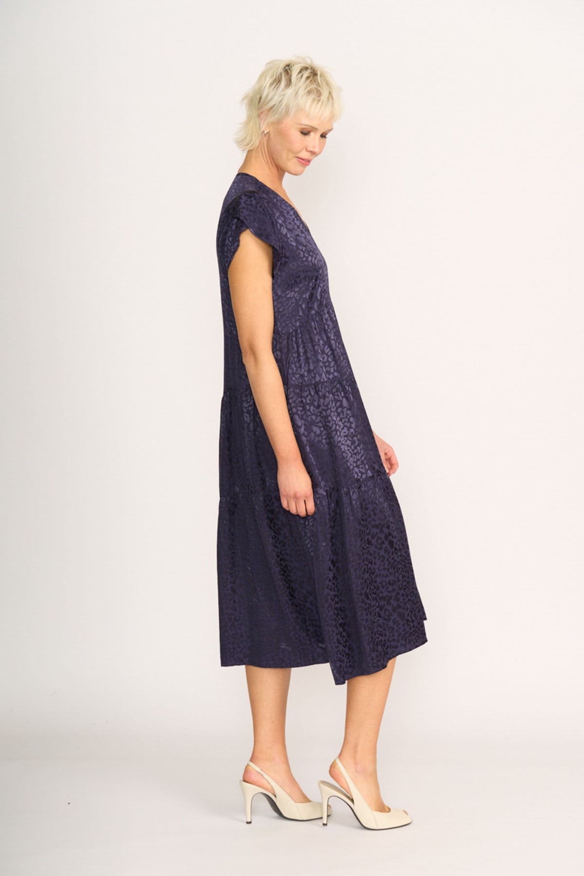 ASYMMETRIC TIERED DRESS Navy Leopard