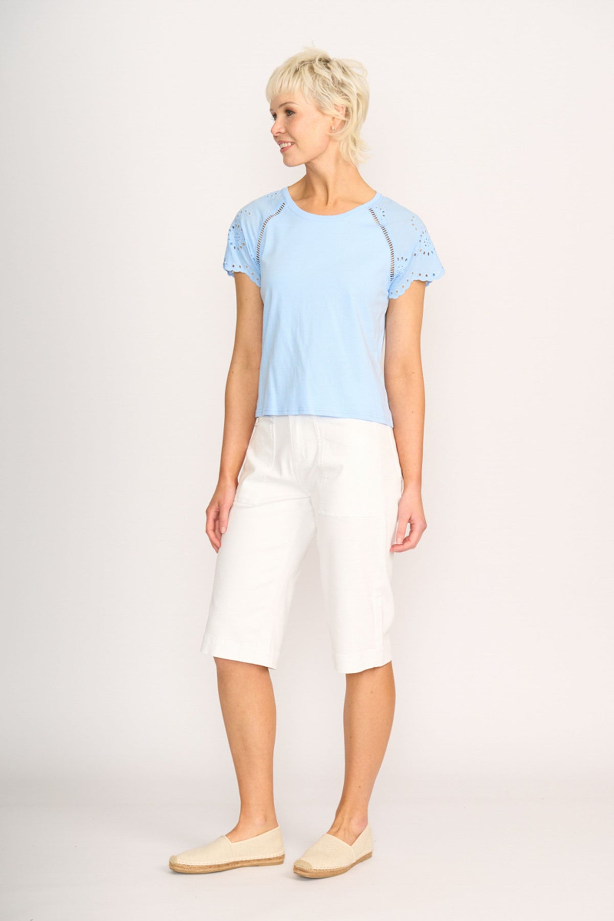 T SHIRT BRODERIE SLEEVE Sky