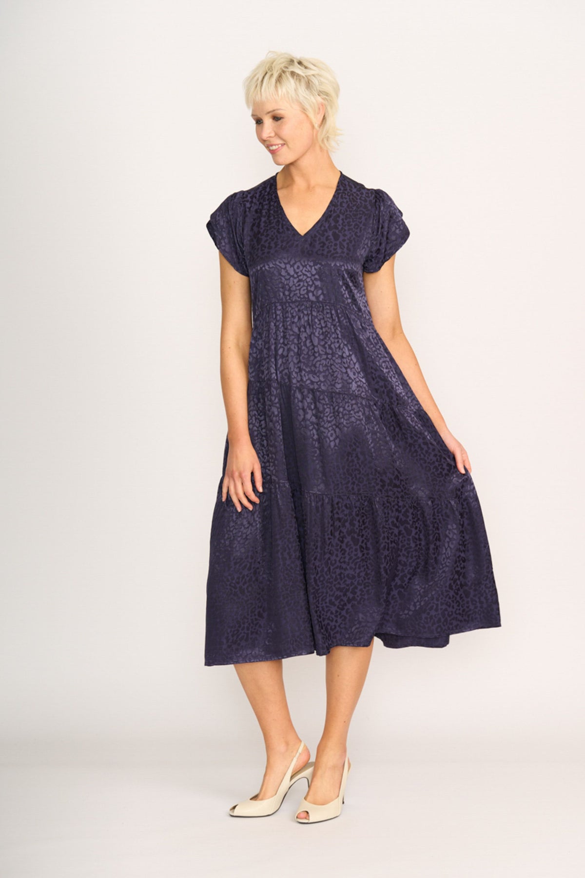 ASYMMETRIC TIERED DRESS Navy Leopard