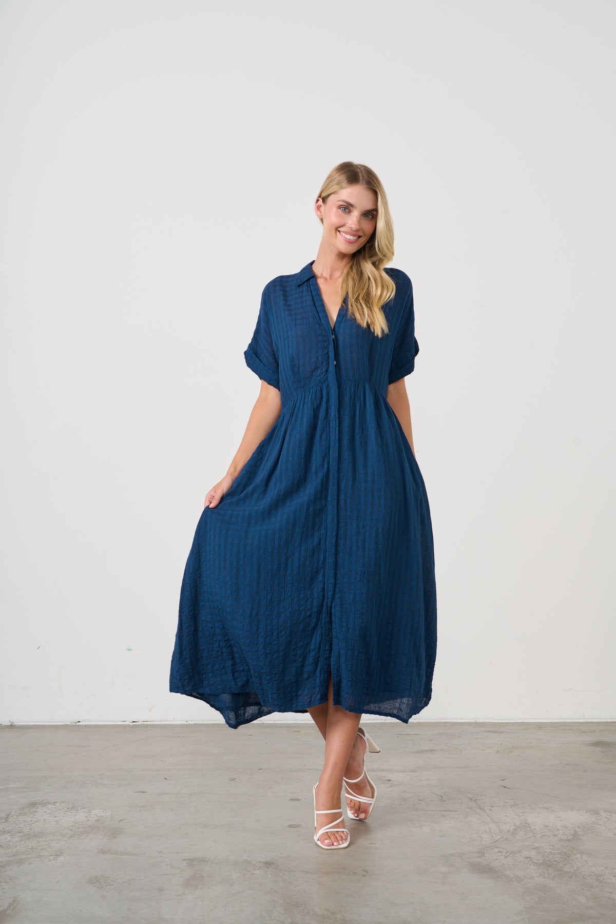 Dress Seersucker Hidden Buttons Navy