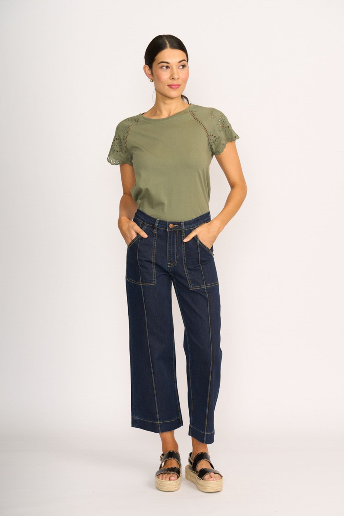 T SHIRT BRODERIE SLEEVE Sage