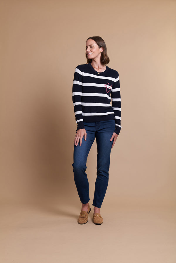 Stripes & Embroidery Jumper in Navy / White Heart