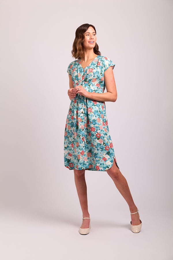 Button Front Dress in Ocean Floral