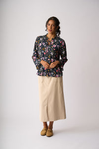 RUFFLE NECK, SCOOP HEM TOP BLOUSE Garden Delight