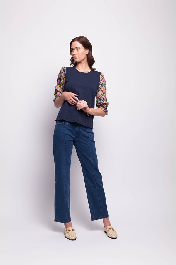 Gathered Sleeve Top in Multi Geo / Navy