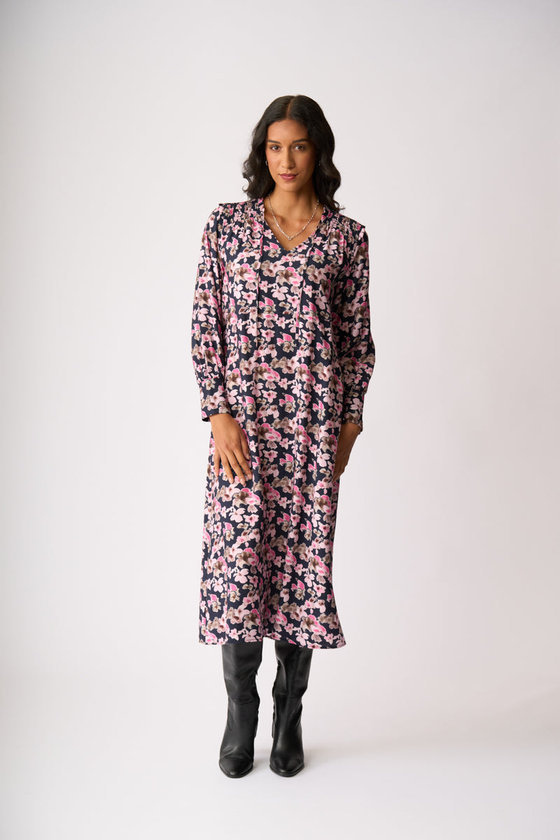 SHIRRED SHOULDER DRESS Floral Smudge