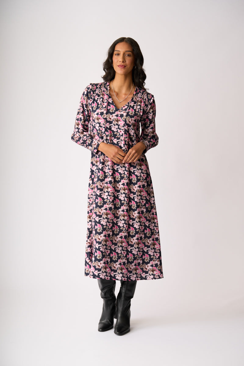 SHIRRED SHOULDER DRESS Floral Smudge