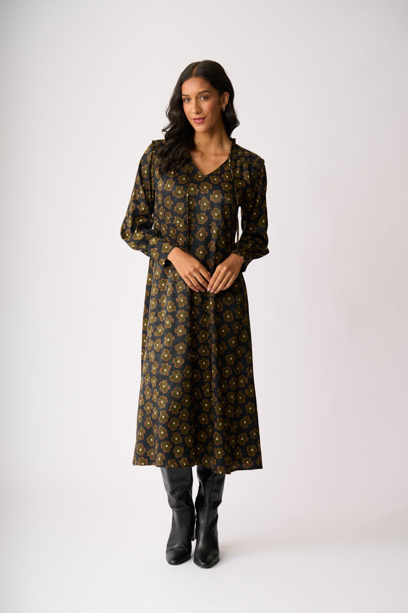 SHIRRED SHOULDER DRESS Khaki Floral
