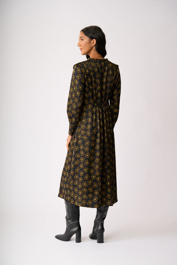 SHIRRED SHOULDER DRESS Khaki Floral