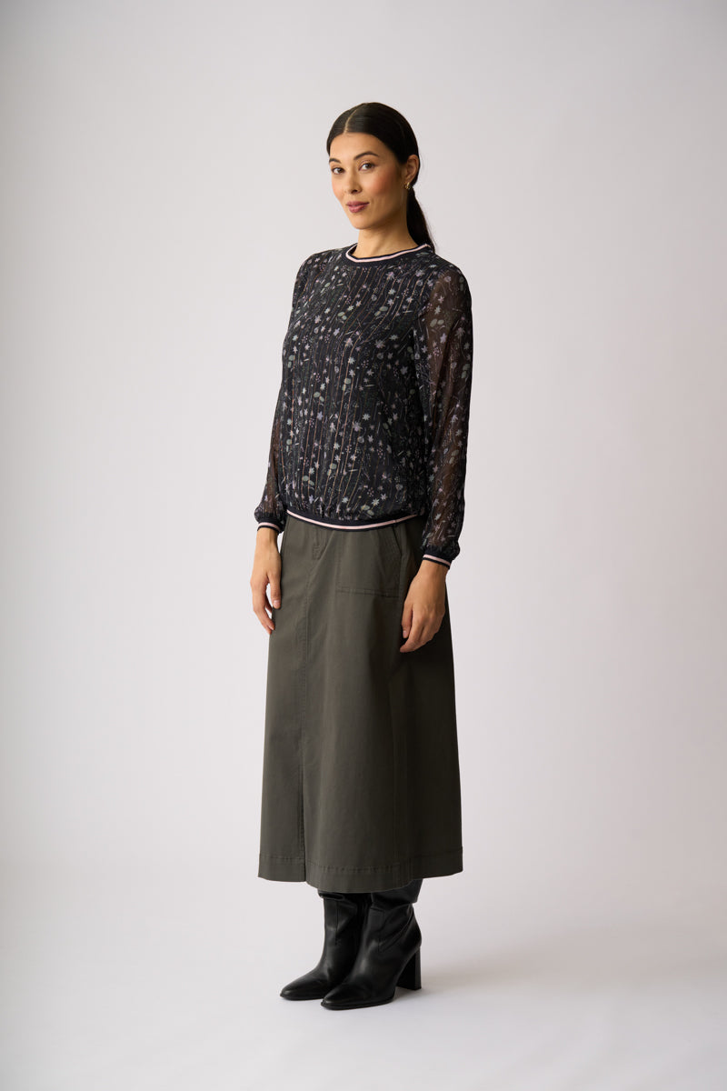 SHEER SLEEVE, RIB DETAIL TOP Twilight Floral