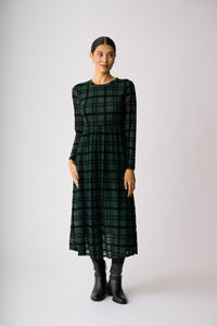 LONG SLEEVE, TIERED HEM DRESS Green Check