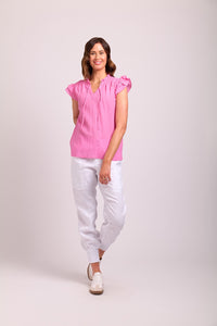 Ruffles & Shirred Yoke Top in Pink