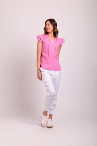 Ruffles & Shirred Yoke Top in Pink