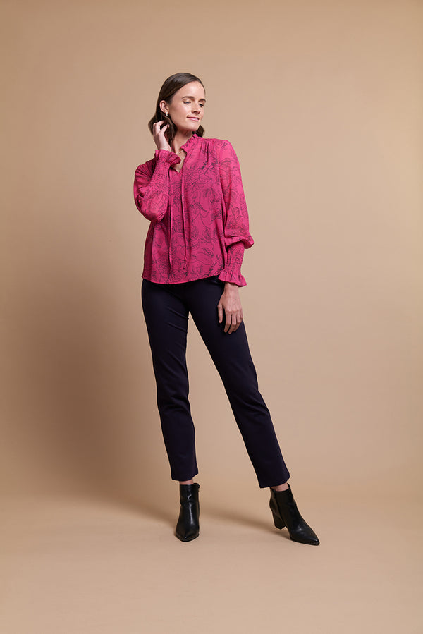 Shirred Blouse Tie Front in Pink Silhouette