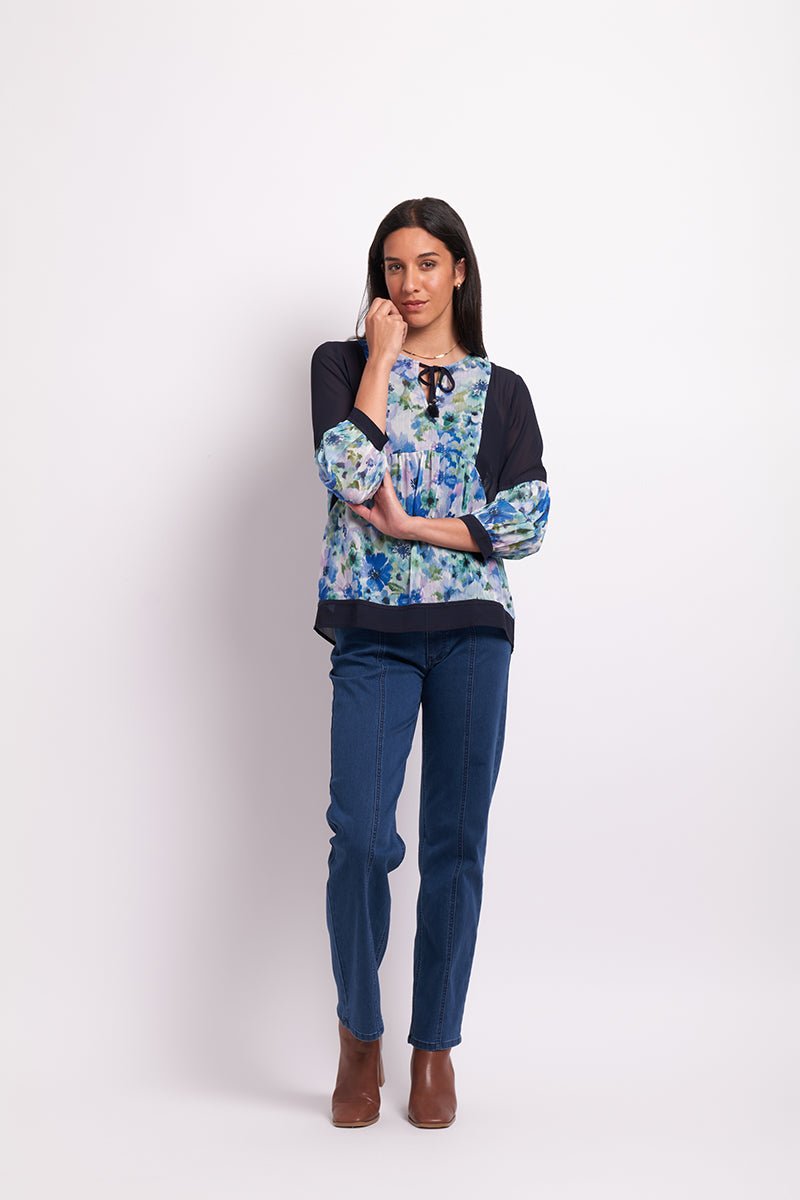 Relaxed Balloon Sleeve Top in Romantic Blues / Navy