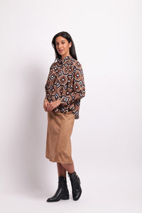 Button Detail Blouse in Caramel Geo