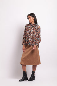 Button Detail Blouse in Caramel Geo