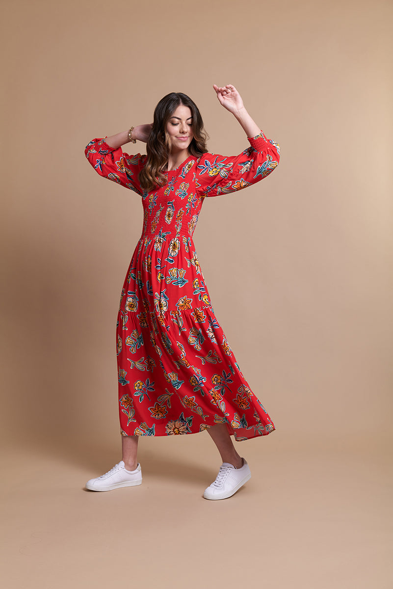Shirred Detail Dress in Fire Floral