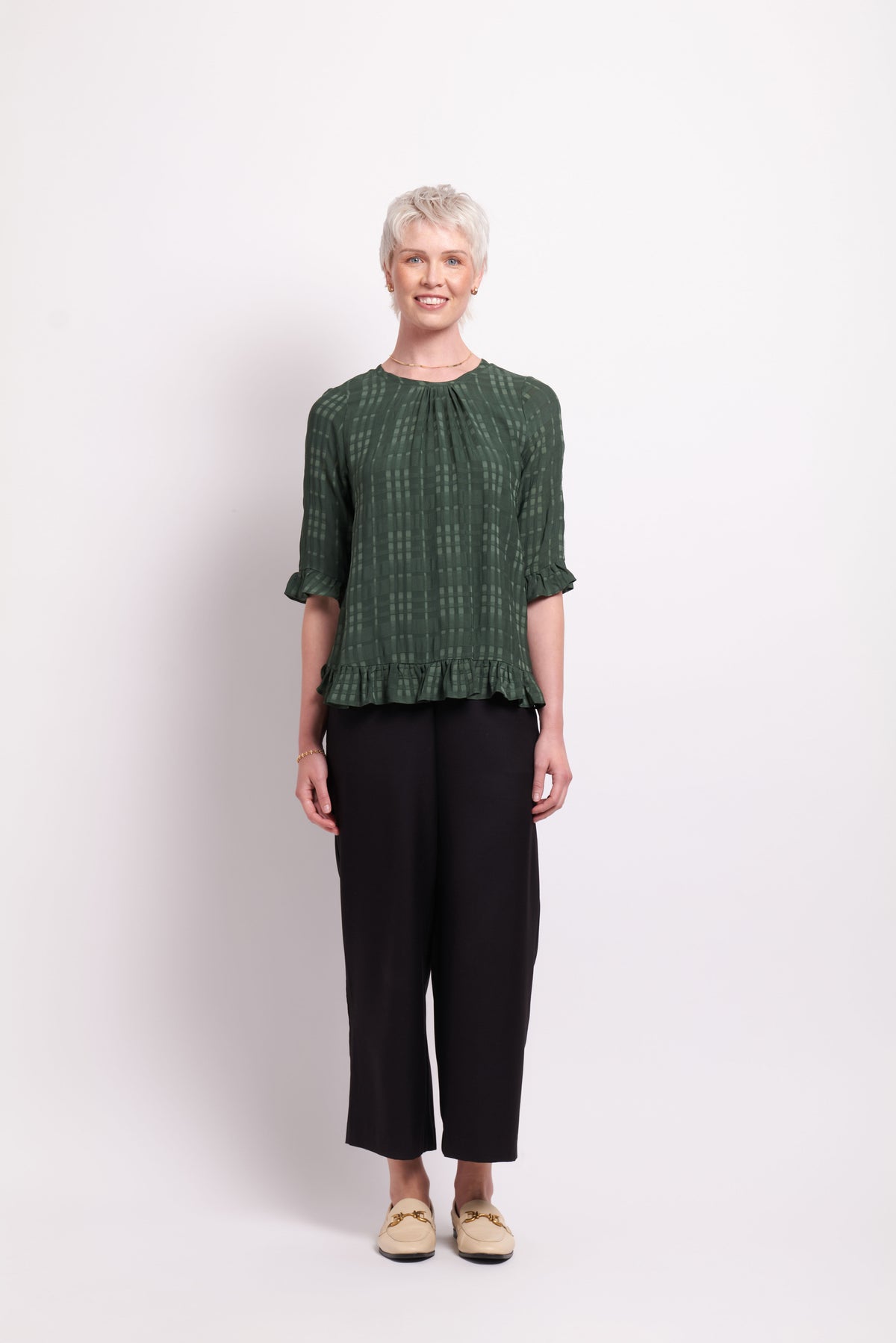 Gathered Scoop Hem Top in Forest Green