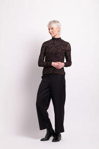 Long Sleeve Polo Neck Top in Chocolate Paisley