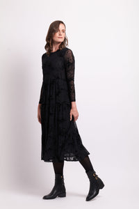 Long Sleeve Tiered Hem Dress in Black Splatter