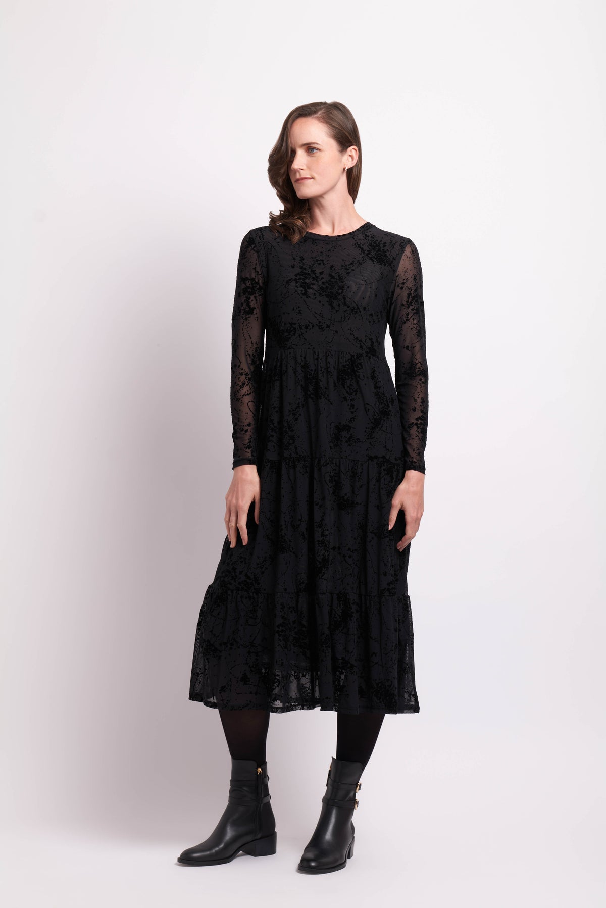 Long Sleeve Tiered Hem Dress in Black Splatter