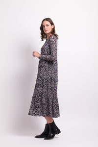 Long Sleeve Tiered Hem Dress in Steel Animal