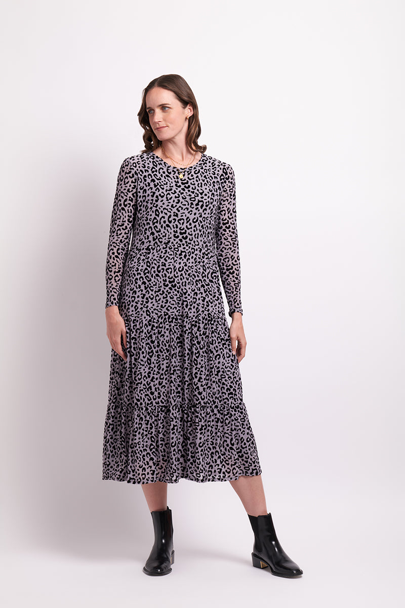 Long Sleeve Tiered Hem Dress in Steel Animal