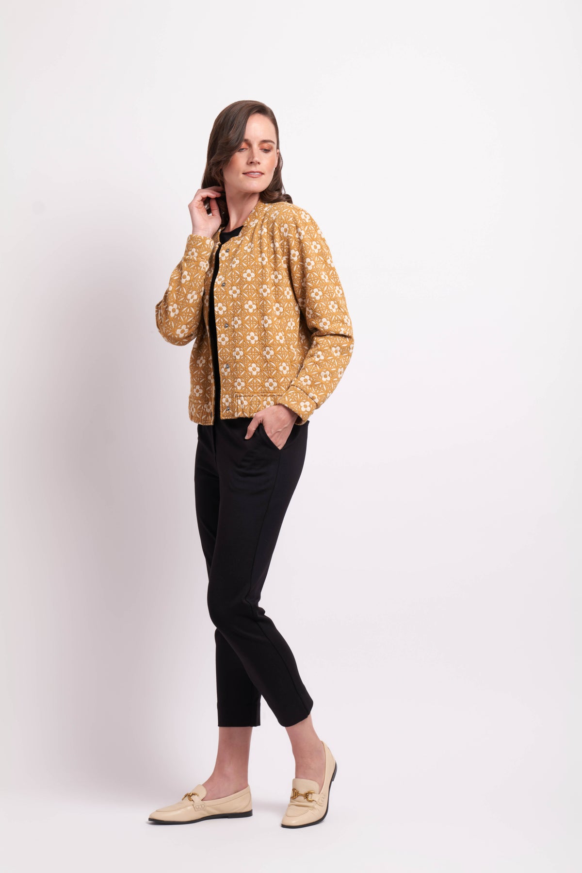 Jacquard Knit Bomber in Mustard Floral