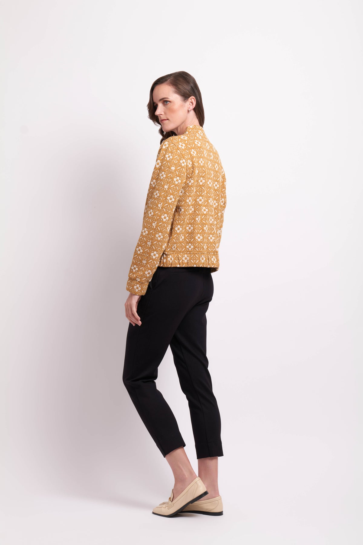 Jacquard Knit Bomber in Mustard Floral