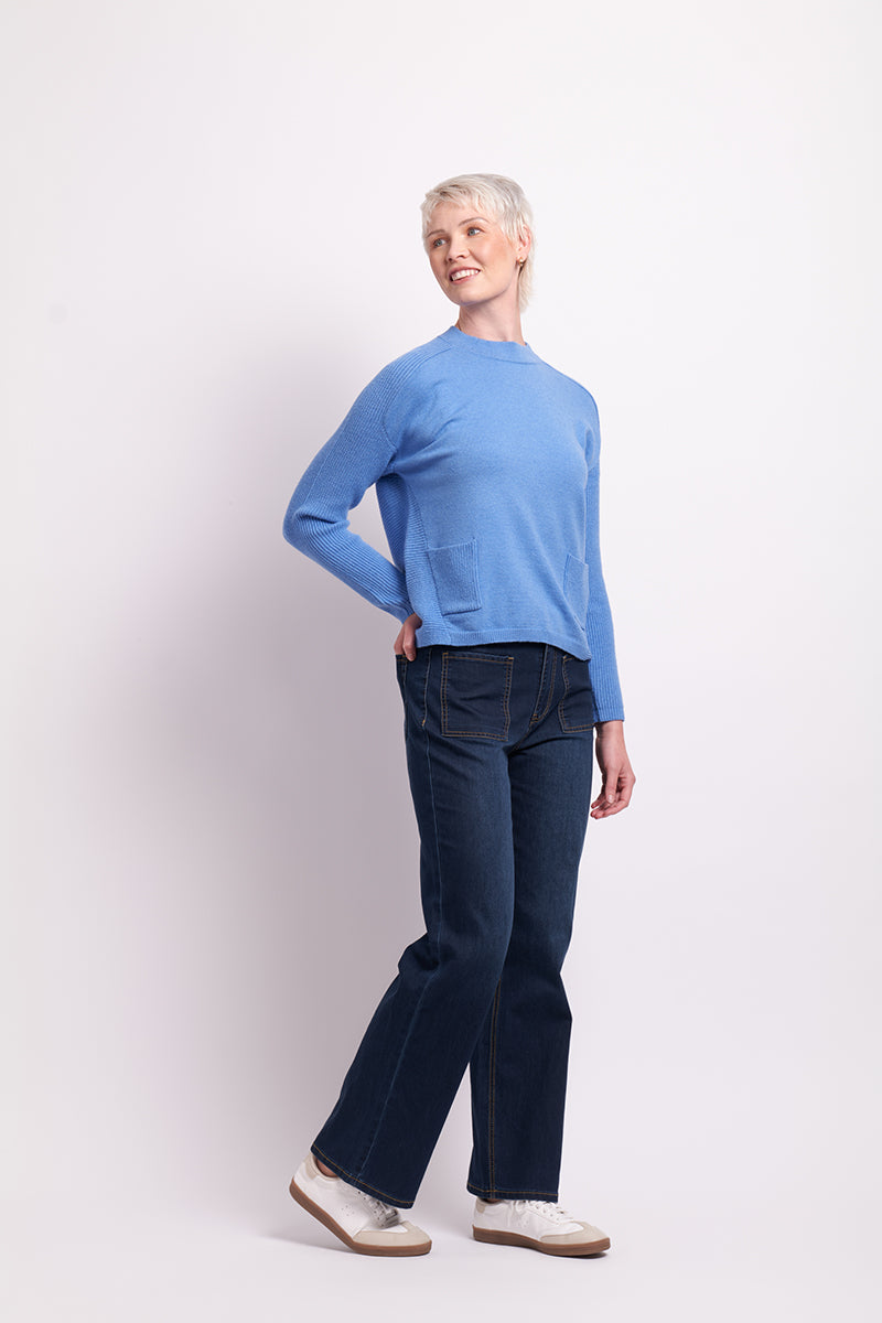 High Neck Button Back Jumper in Blue