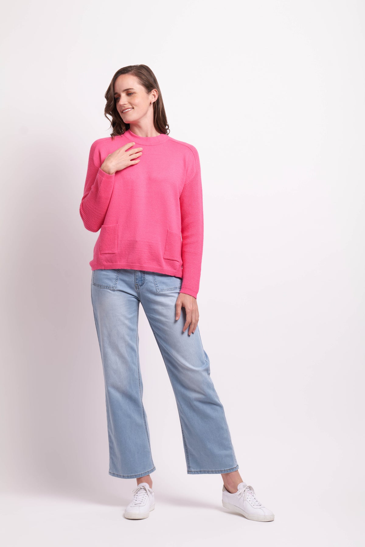 High Neck Button Back Jumper in Pink