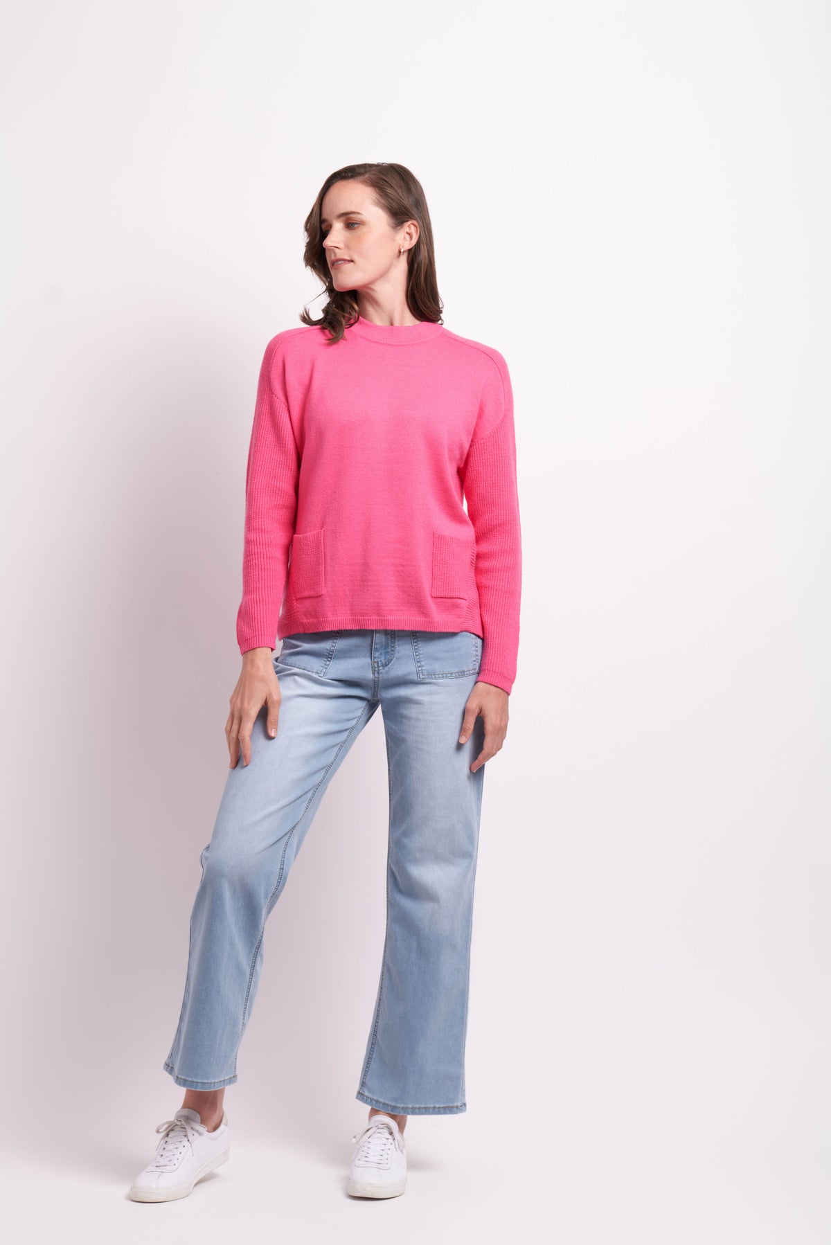 High Neck Button Back Jumper in Pink