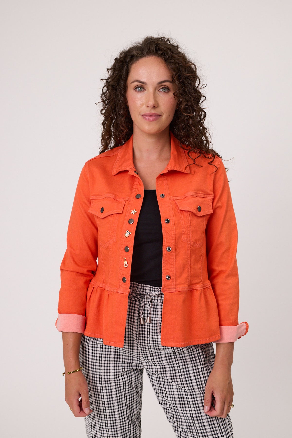 Stretch Denim Jacket with removable pins in Orange