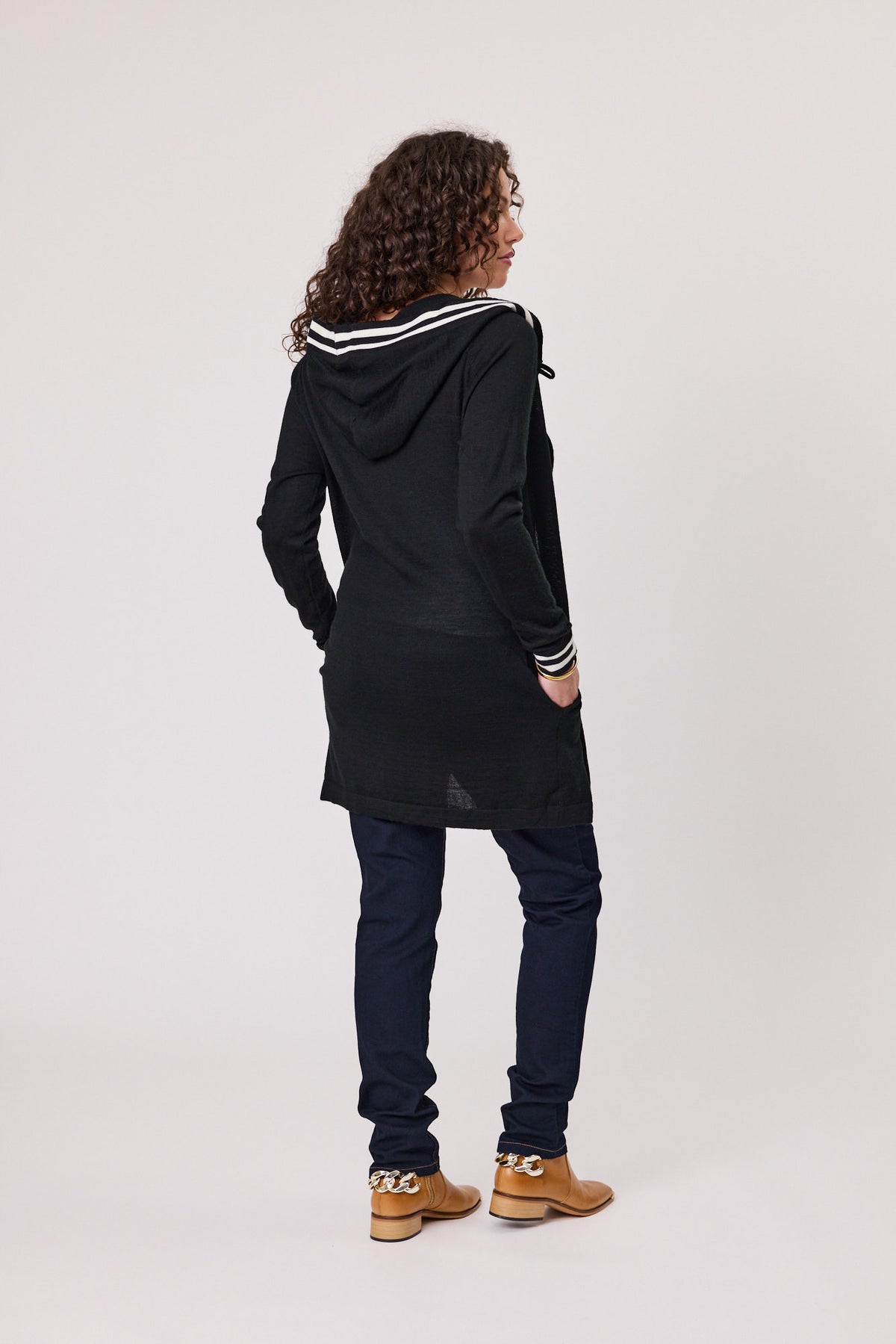 Stripe Trim Hooded Cardigan Black/White